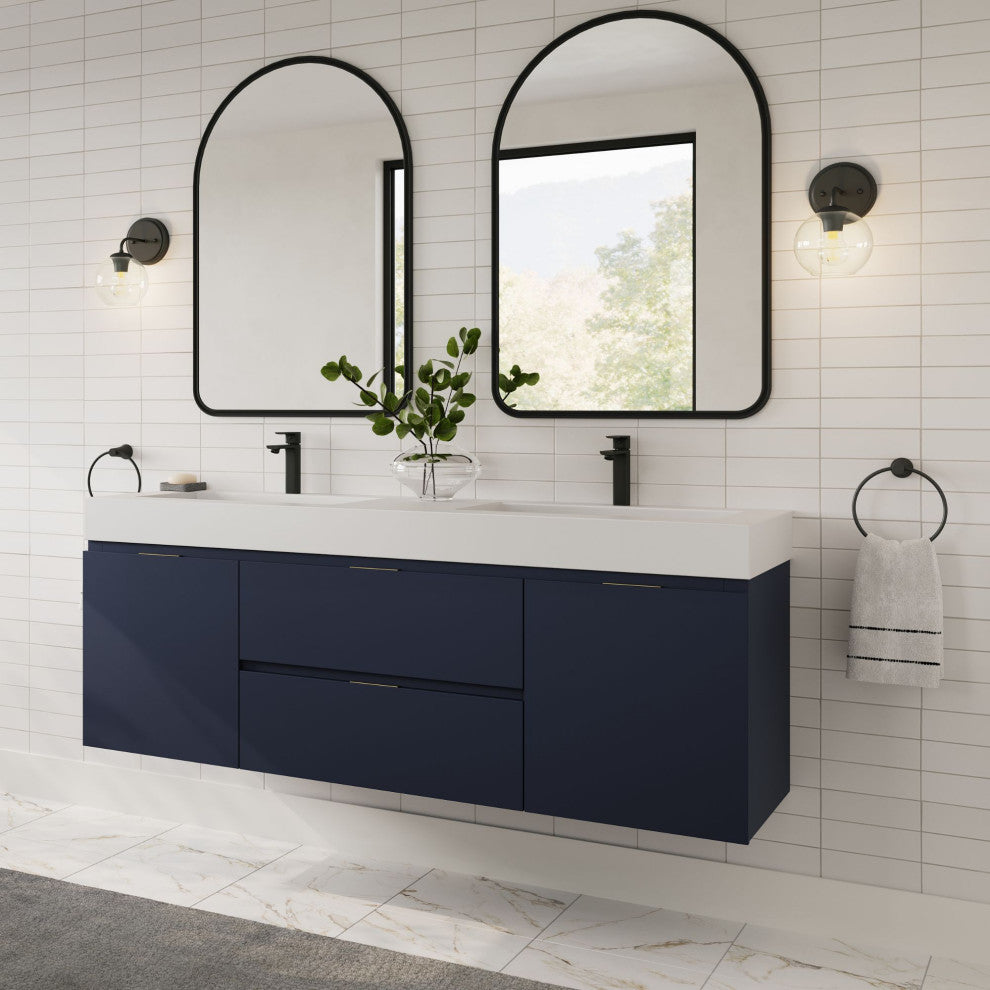 Boutique Bath Vanity, Blue, 60", Double Sink, Wall Mount