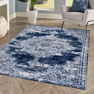 Alhambra Ornate Medallion Modern Runner Rug, Navy/Ivory, 3x5