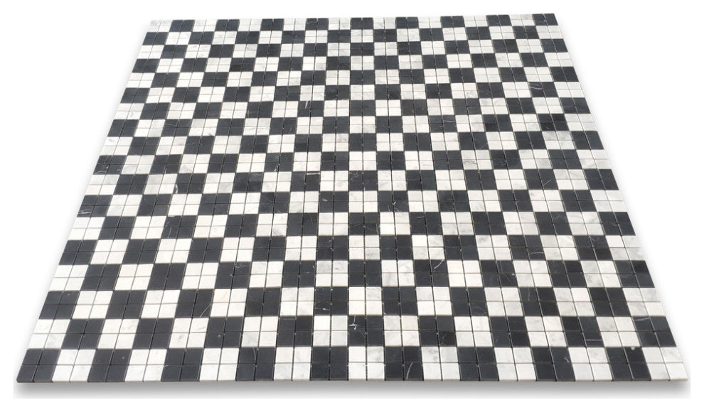 Carrara White Nero Marquina Black Marble 1x1 Plaid Mosaic Tile Honed, 1 sheet