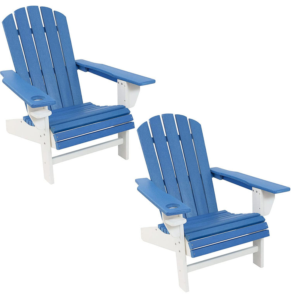 Set of 2 Adirondack Chairs with Slanted Seat, Arm and Cupholder, Blue/White