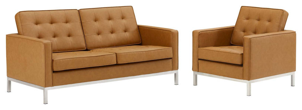 Tufted Armchair and Loveseat Sofa Set, Faux Leather, Silver Tan, Modern, Lounge