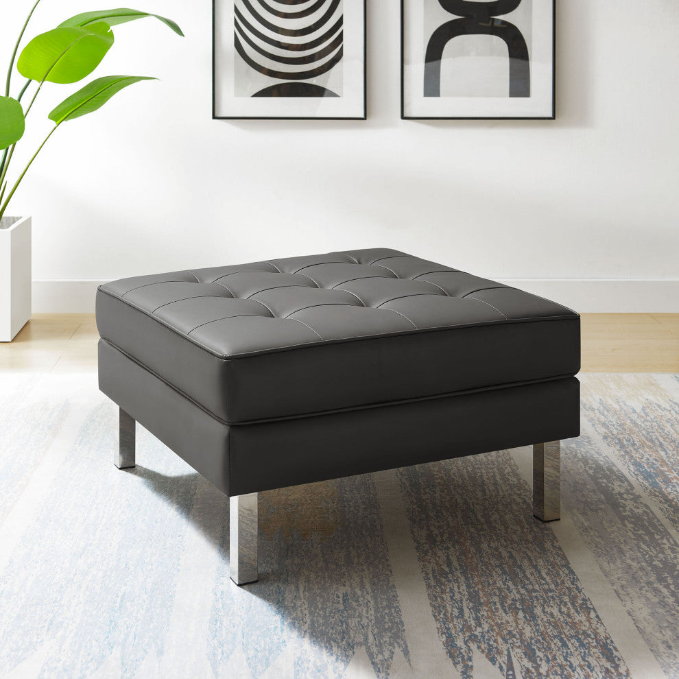 Modern Living Lounge Accent Chair Ottoman, Faux Vinyl Leather, Black Silver, Gray