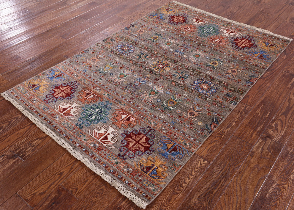 4' 0" X 6' 0" Tribal Khorjin Handmade Wool Rug Q8354