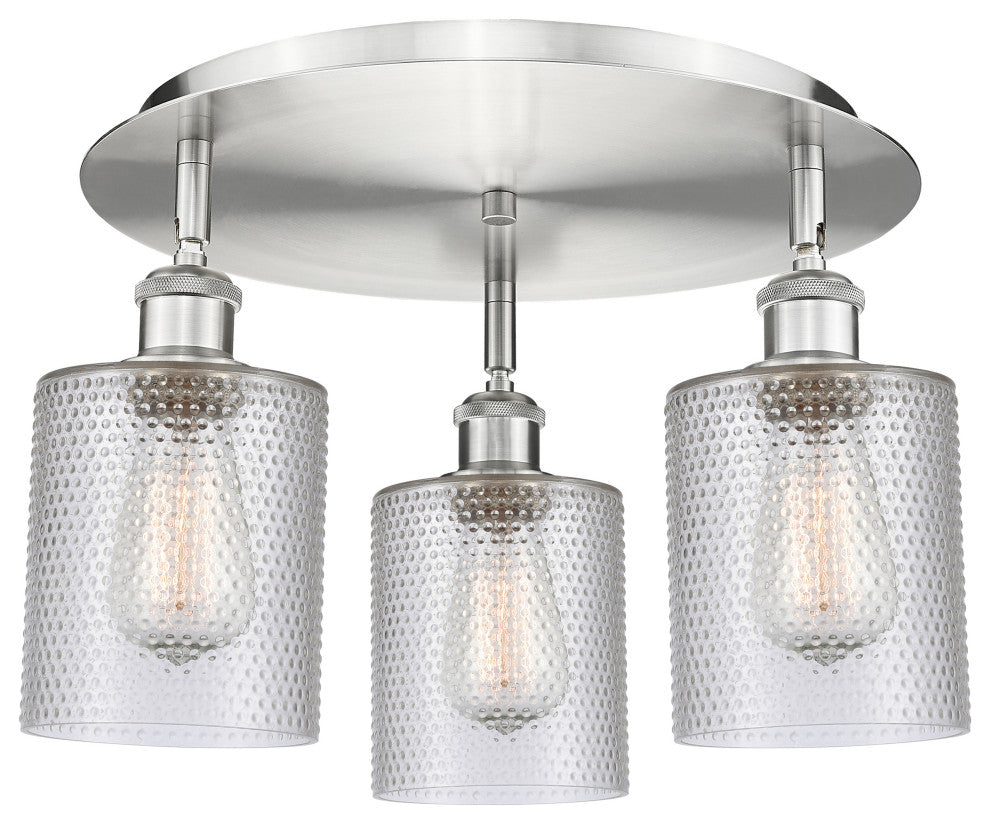 Cobbleskill-3 Light 17" Flush Mount-Satin Nickel, Clear Glass Shade