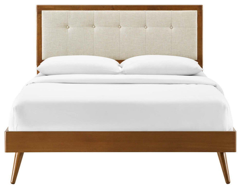 Platform Bed Frame, Queen Size, Fabric, Wood, Brown Walnut Beige, Modern