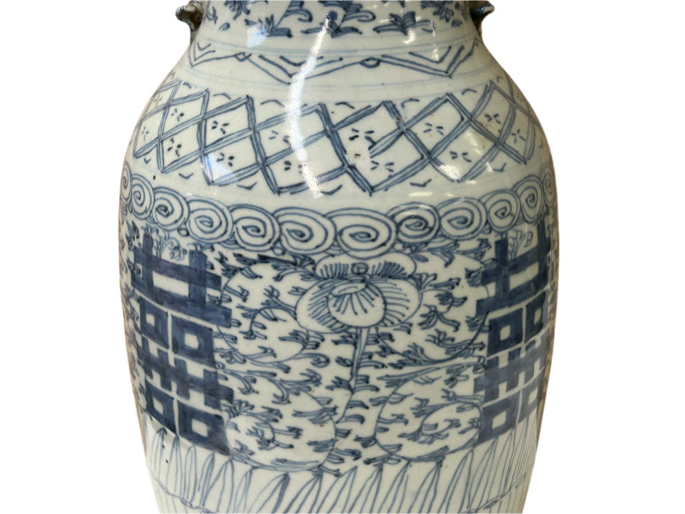 Vintage Chinese Blue White Double Happiness Porcelain Art Vase Hws4401