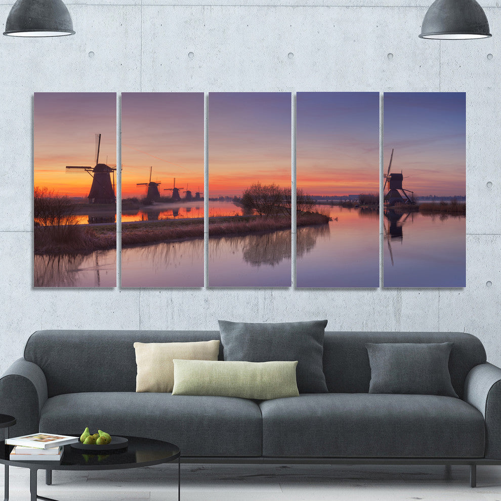 Dutch Windmills Panorama, Abstract Canvas Art Print, 60"x28", 5 Panels