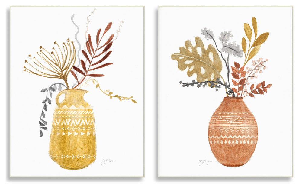 Boho Wildflower Botanical Arrangements Aztec Patterned Vases, 2pc, each 13 x 19