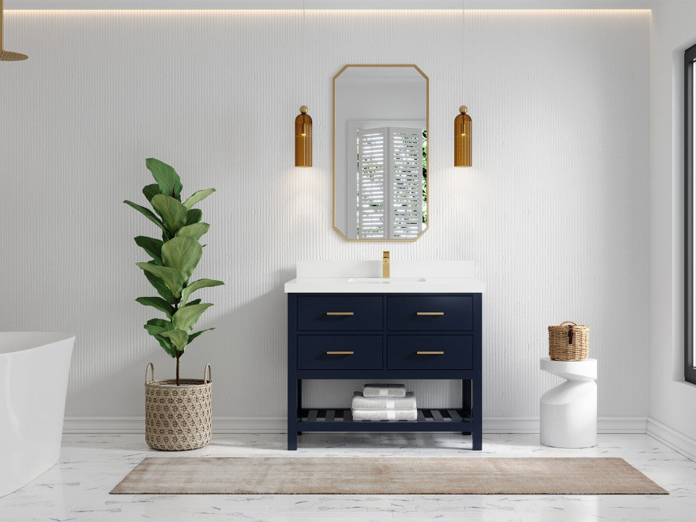 Parker 42 Single Sink Bath Vanity in Navy Blue  2" White Quartz