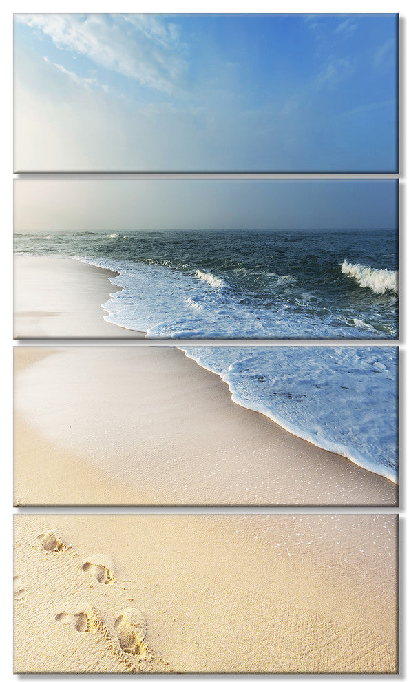Clam Tropical Beach with Footprints, Seashore Canvas Print, 28"x48", 4 Panels