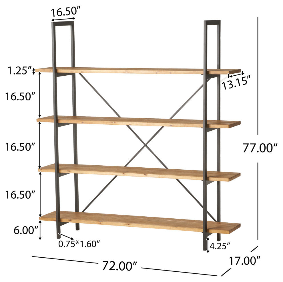 Elizabeth Industrial 4 Shelf Firwood Bookcase, Antique Natural, 17.00" Depth