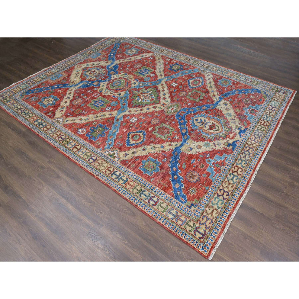 Red Heriz With All Over Design Soft Wool Hand Knotted Oversized Rug, 12'x14'10"