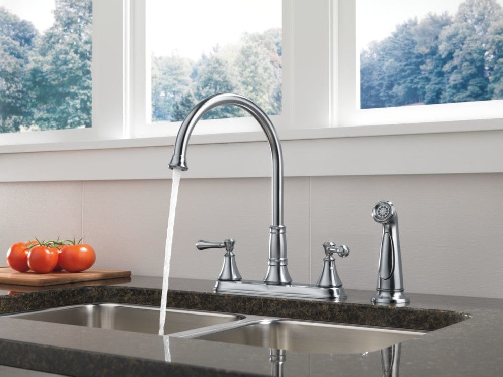 Delta Cassidy Two Handle Kitchen Faucet With Spray, Arctic Stainless, 2497LF-AR