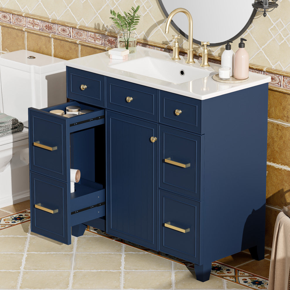 36 Inch Freestanding Bathroom Vanity with Ceramic Sink, Blue