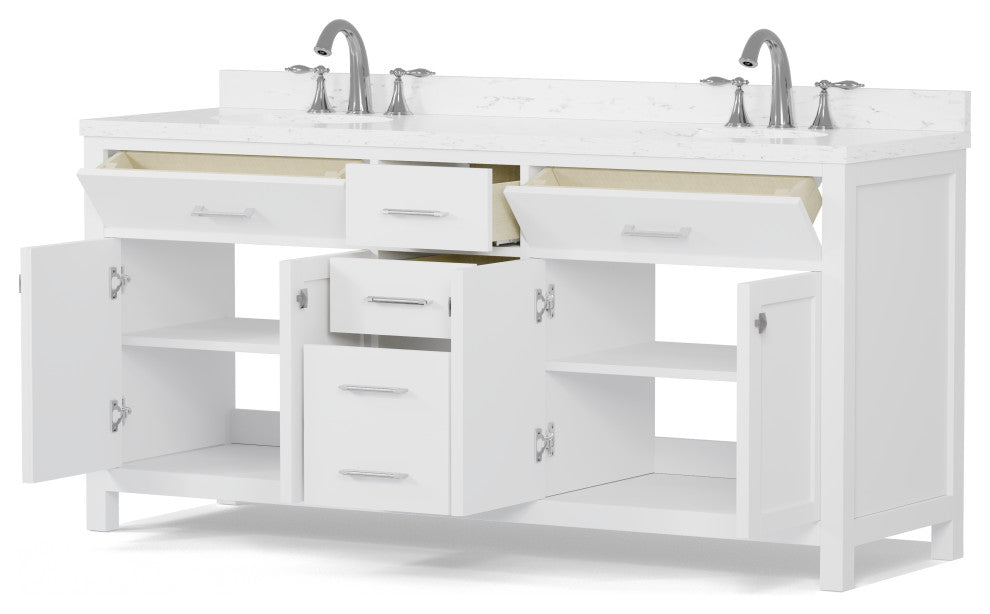 Caroline 72" Double Bath Vanity With Cultured Marble Quartz Top, White