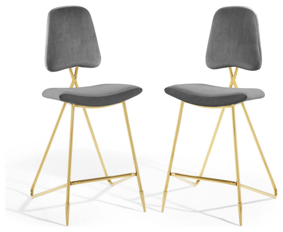 Bar Stool Chair Barstool, Set of 2, Velvet, Metal, Gray, Modern, Bar Pub