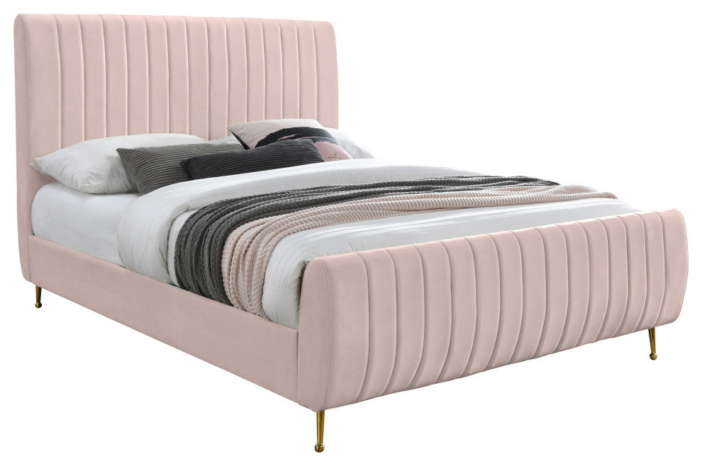 Zara Channel Tufted Velvet Upholstered Bed With Custom Gold Legs, Pink, Full