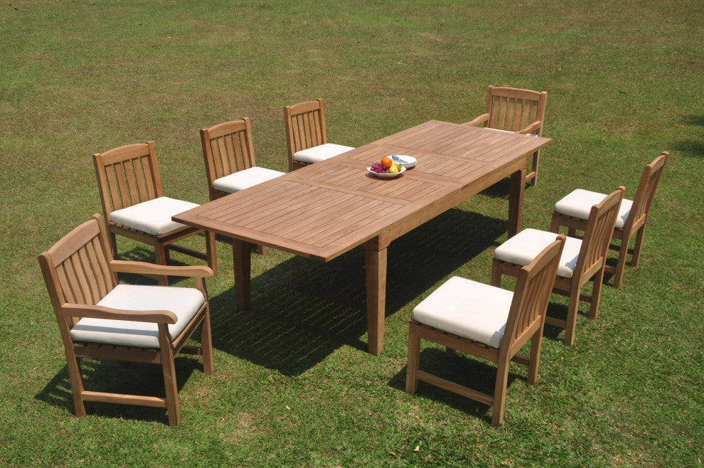 9-Piece Outdoor Teak Dining Patio Set: 122" Rectangle Ext Table, 8 Devon Chairs