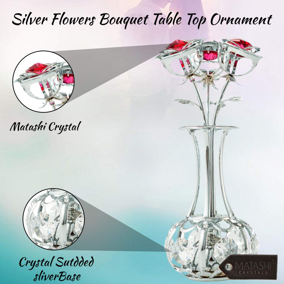 Chrome Plated Flowers Bouquet and Vase With Red and Clear Crystals Home Decor