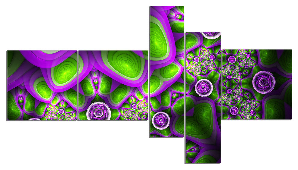 Green Purple Exotic Pattern, Abstract Wall Art Canvas, 60"x32", 5 panels