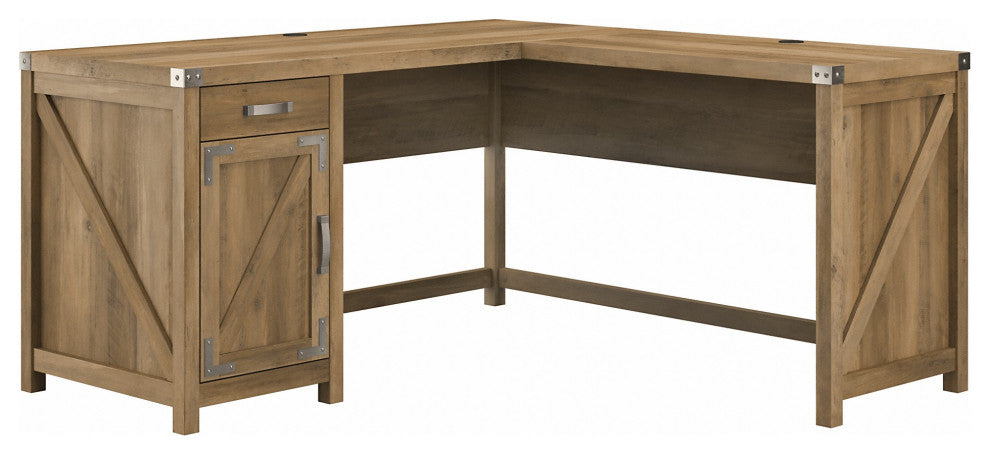 kathy ireland Cottage Grove 60" L Shaped Desk, Drawer & Cabinet, Reclaimed Pine