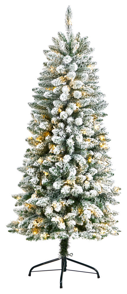 5' Slim Flocked Montreal Fir Artificial Christmas Tree, 150 Warm White LEDs