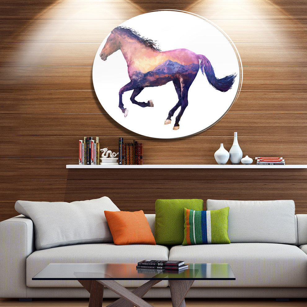 Horse Double Exposure Illustration, Animal Round Metal Wall Art, 23"
