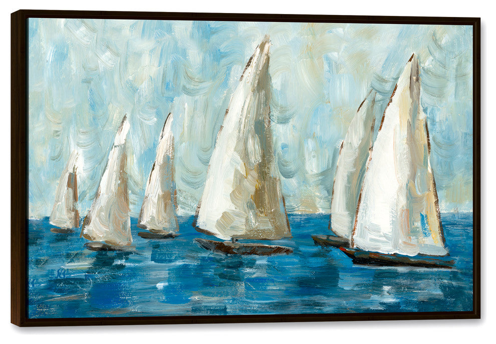 Blue Coastal Sailboat Race 32x48 Walnut Floating Framed Canvas