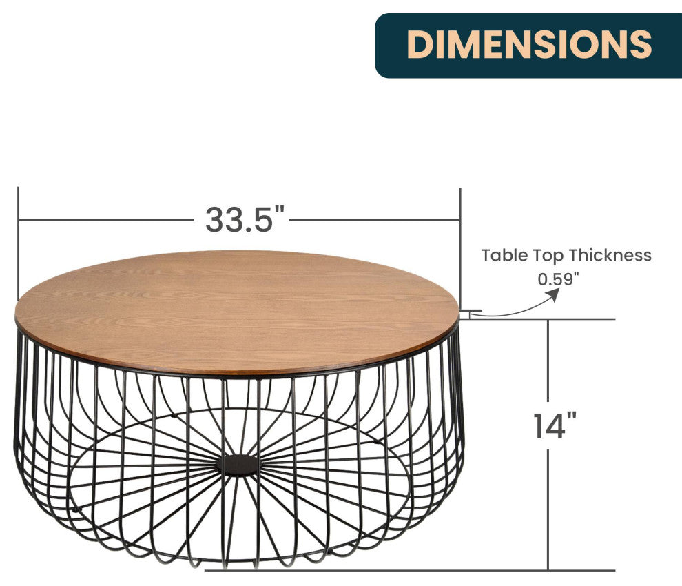 LeisureMod Runswick Round Coffee Table With Black Wire Steel Frame, Walnut