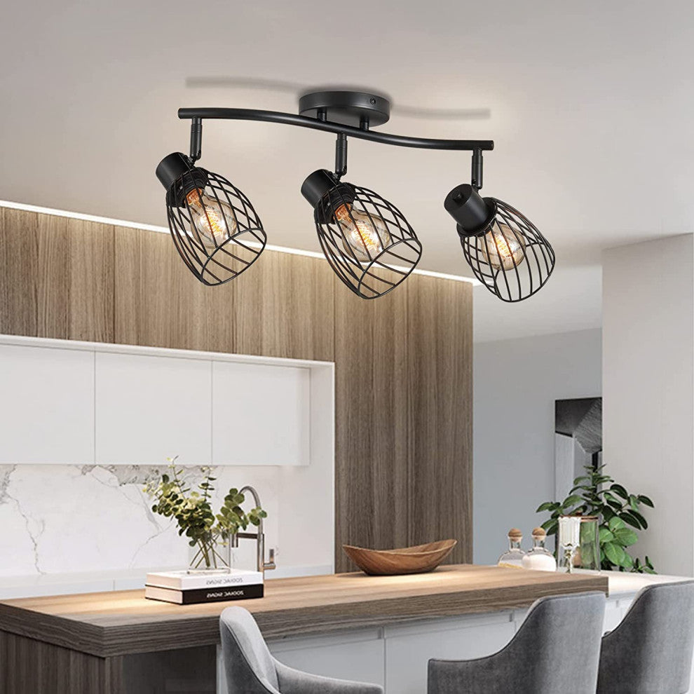 3 Light Semi Flush Mount, Farmhouse, Vintage, Cage, Black