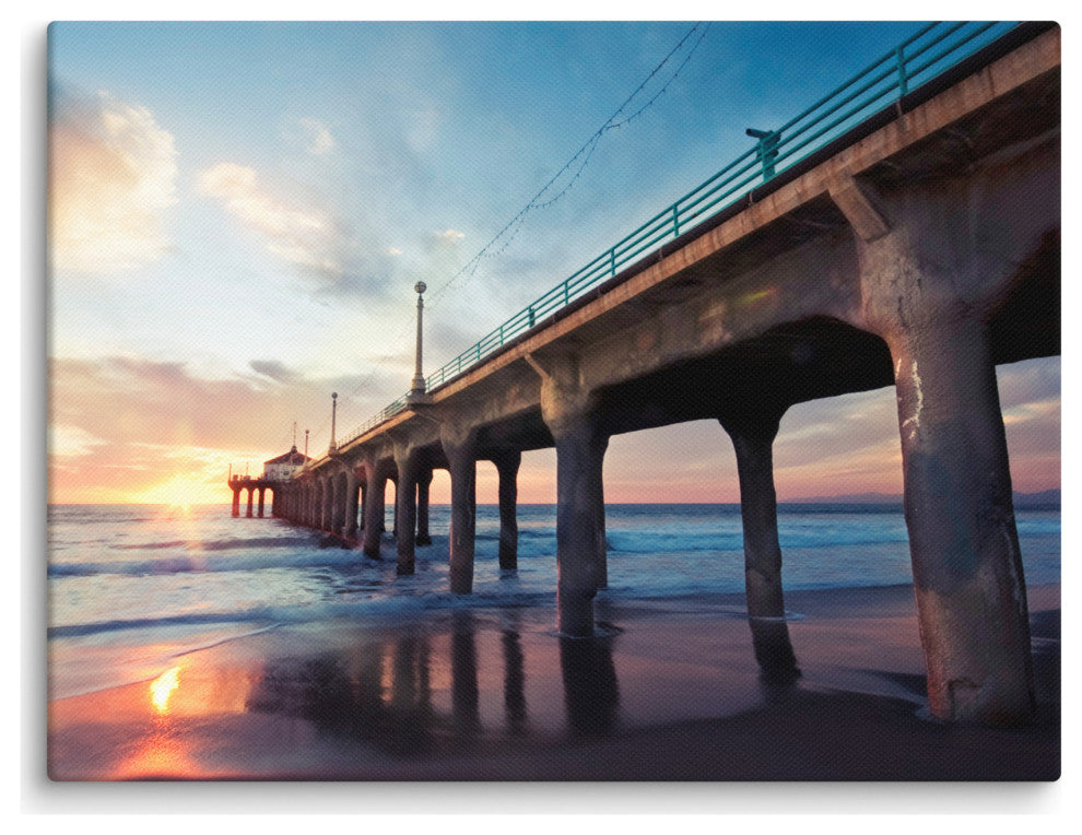 Tranquil Manhattan Beach Pier at Sunset Landscape Photo Canvas Wall Art Print, 12" X 16"
