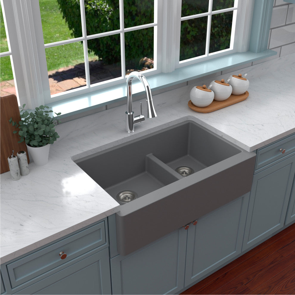 Karran Farmhouse Quartz 34" Double Offset Bowl Sink Kit, Grey
