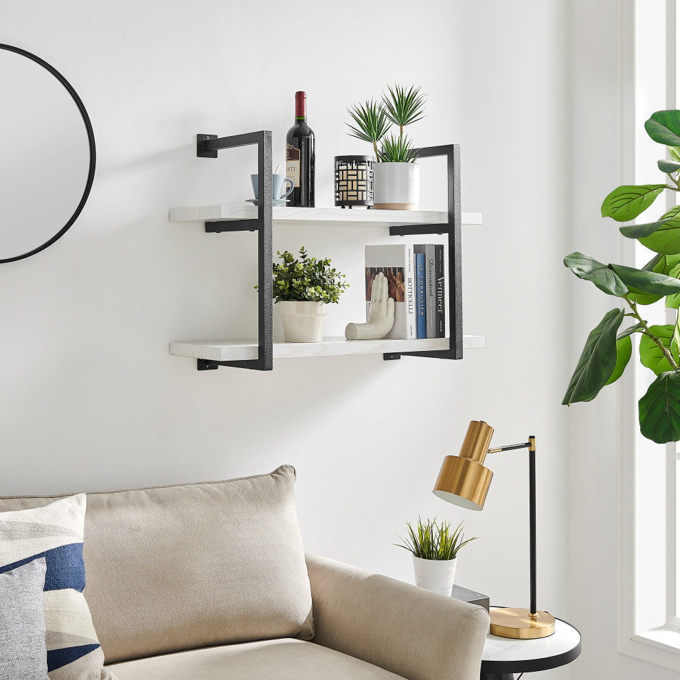 Danya B. Modern 2-Tier Hanging Wall Shelves, Metal and White Birch Finish