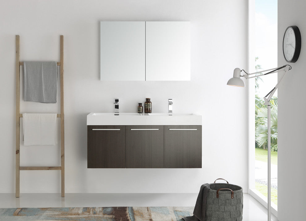 Vista 48" Gray Oak Wall Hung Double Sink Modern Bathroom Vanity, FFT1041BN