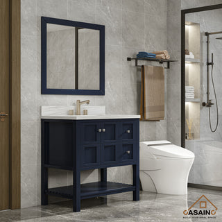 Single Sink Solid Wood Bath Vanity with Natural Marble Top and Mirror, 36in