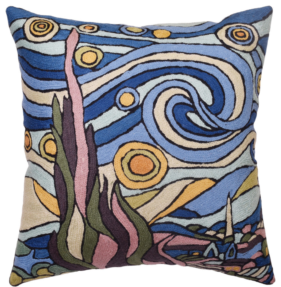 Blue Starry Night Decorative Pillow Cover Van Gogh Hand Embroidered Wool 18x18