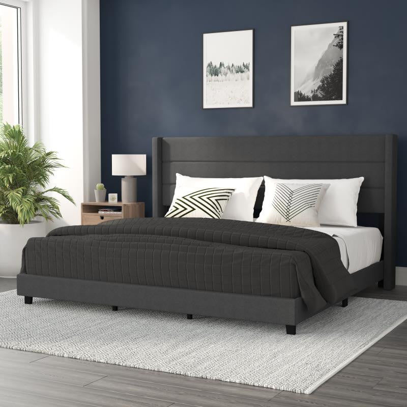 Hollis Upholstered Platform Bed with Wingback Headboard w/Mattress Foundation, Charcoal, King