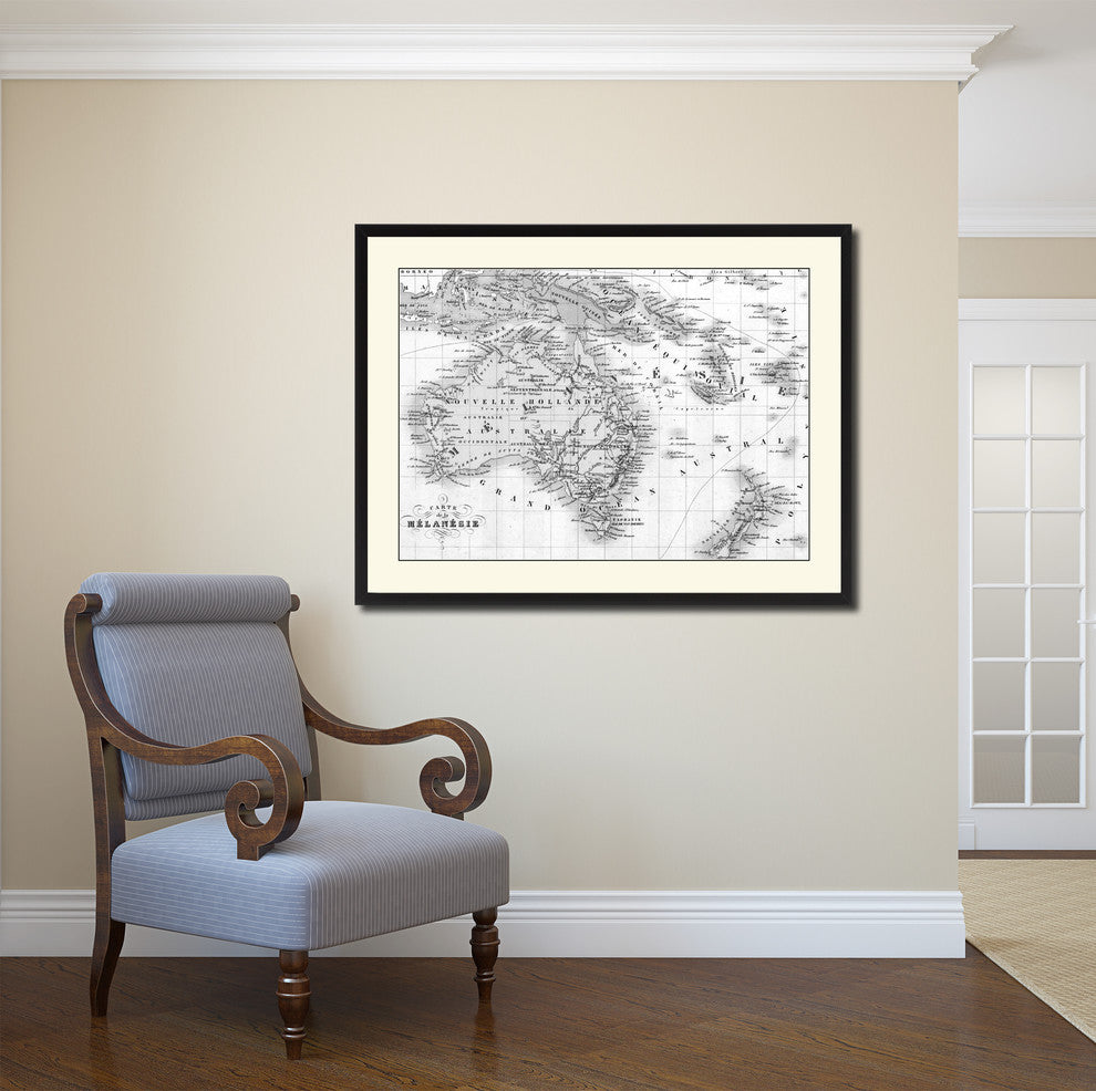 New Zealand Oceania Australia Vintage B&W Map Canvas Print, 28"x37"