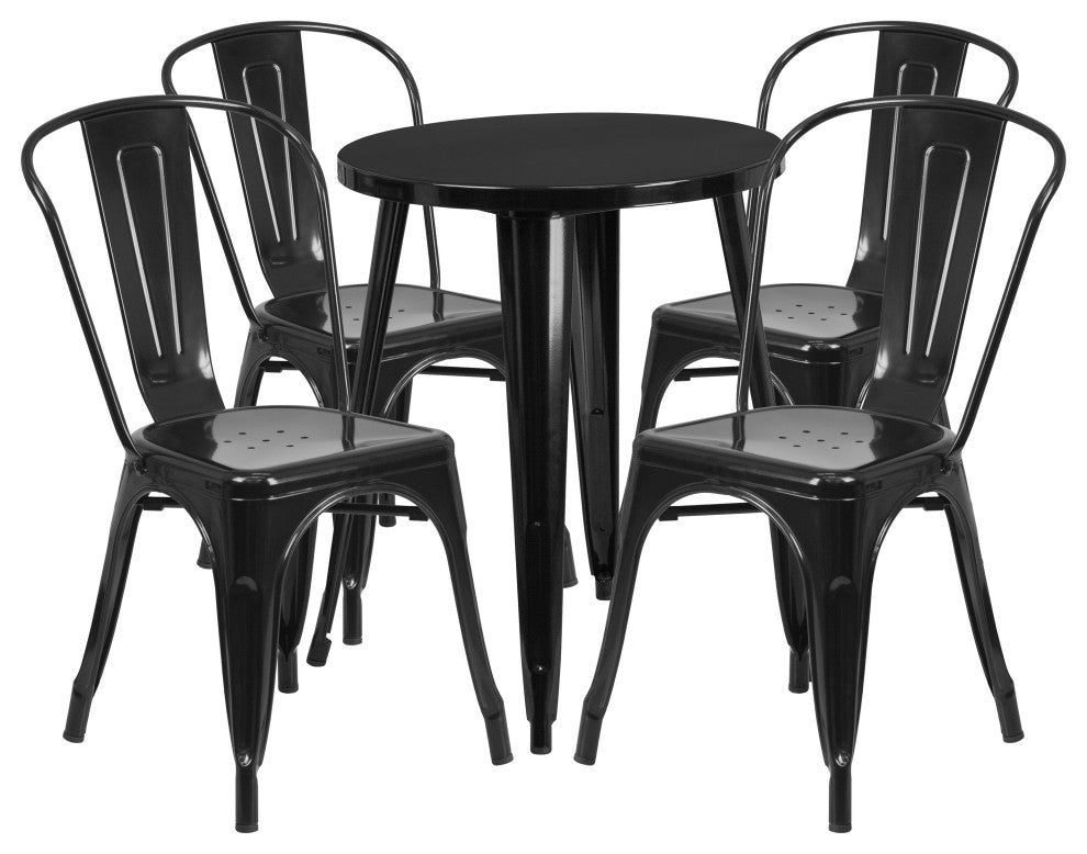 24'' Round Black Metal Indoor-Outdoor Table Set With 4 Cafe Chairs