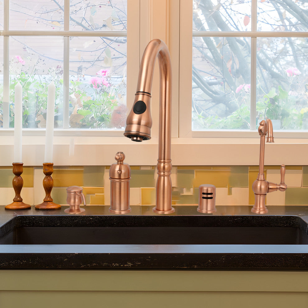 Copper Pull Down Kitchen Faucet With in-Deck Handle and Soap Dispenser