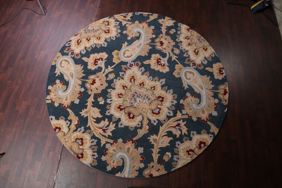 Floral Oushak Oriental Paisley Hand Tufted Area Rug, Blue, Round 10 X 10 Ft.
