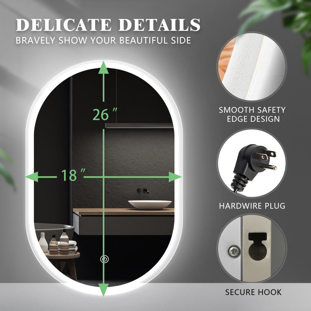 Dimmable 26"x18" LED Oval Frameless Wall-mounted Bathroom Backlit Mirror