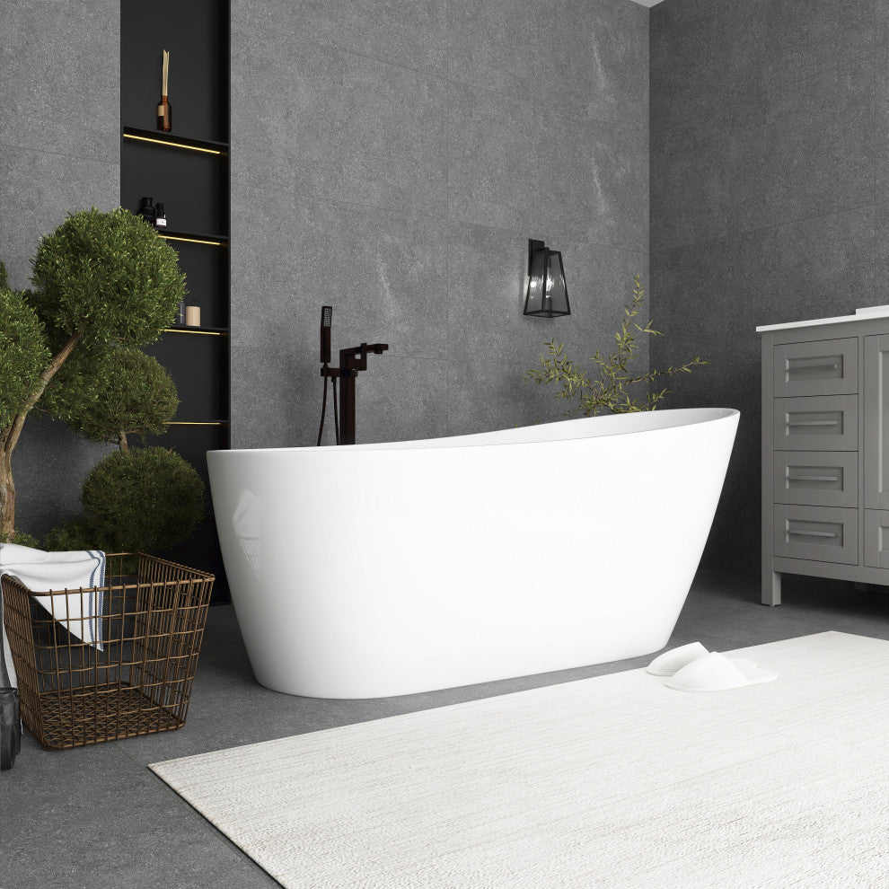 Acrylic Single Slipper Freestanding Soaking Bathtub, White, 63" X 30"