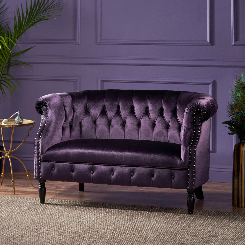 GDF Studio Melaina Tufted Scroll Arm New Velvet Loveseat, Blackberry