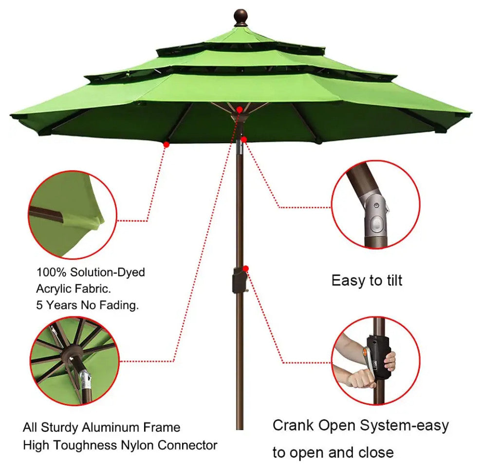 9ft Patio Umbrella with Crank Lift and Ventilated 3 Tier Design, Mascaw Green