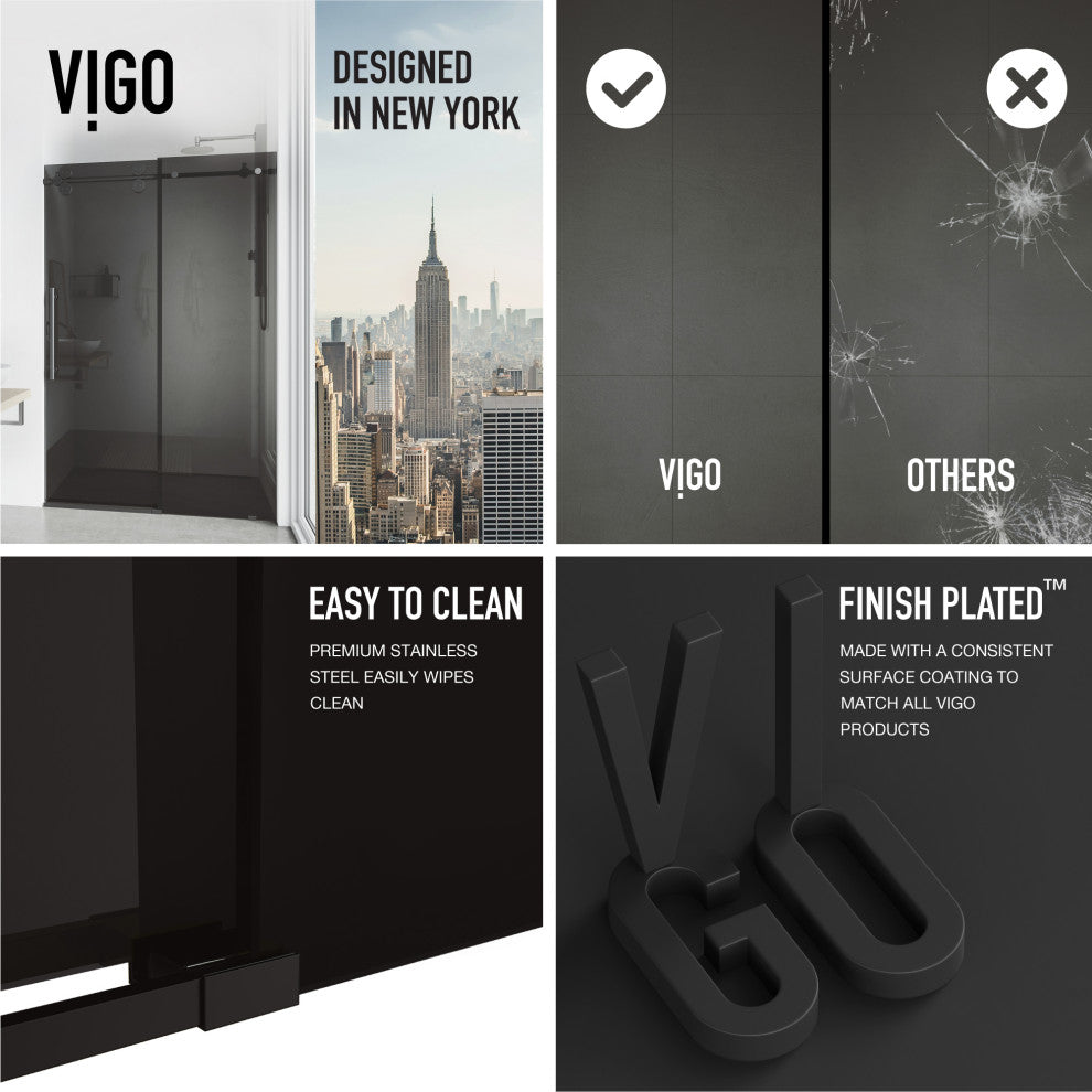 VIGO Elan 56" to 60" W x 74" H Frameless Sliding Shower Door, Matte Black, Black Tint Glass