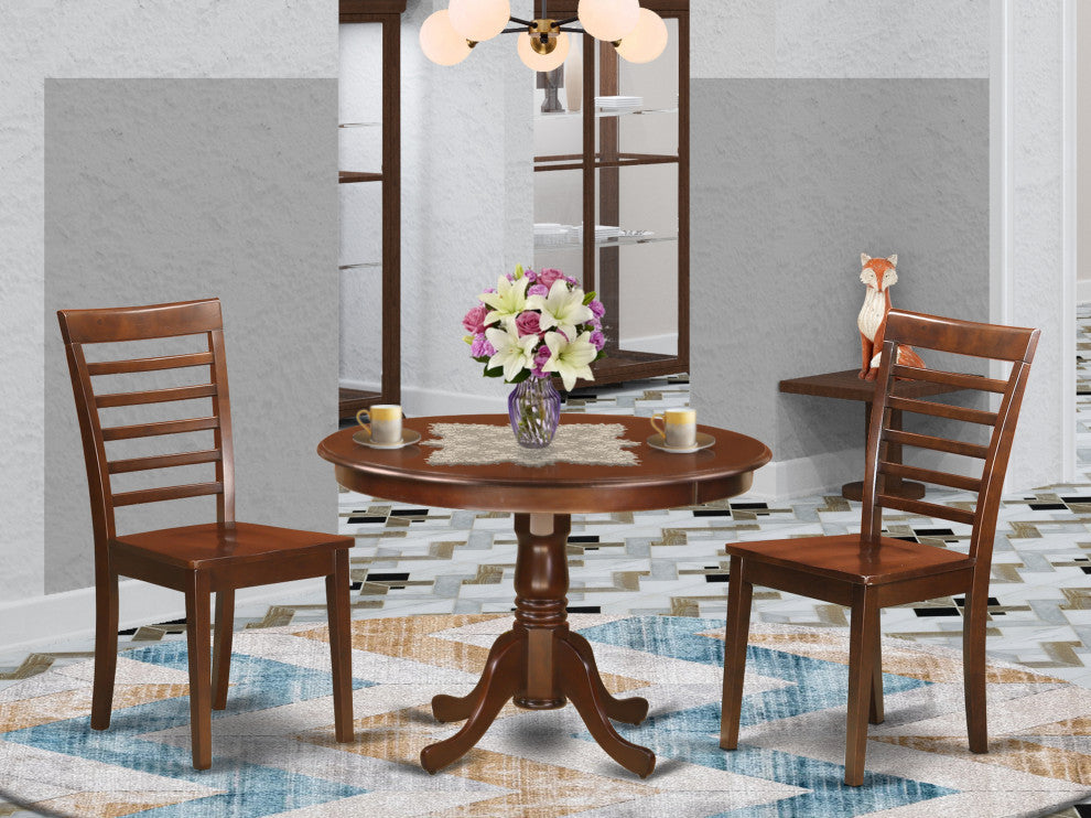 3 Pc Set With A Round Table And 2 Wood Dinette Chairs, Mahogany