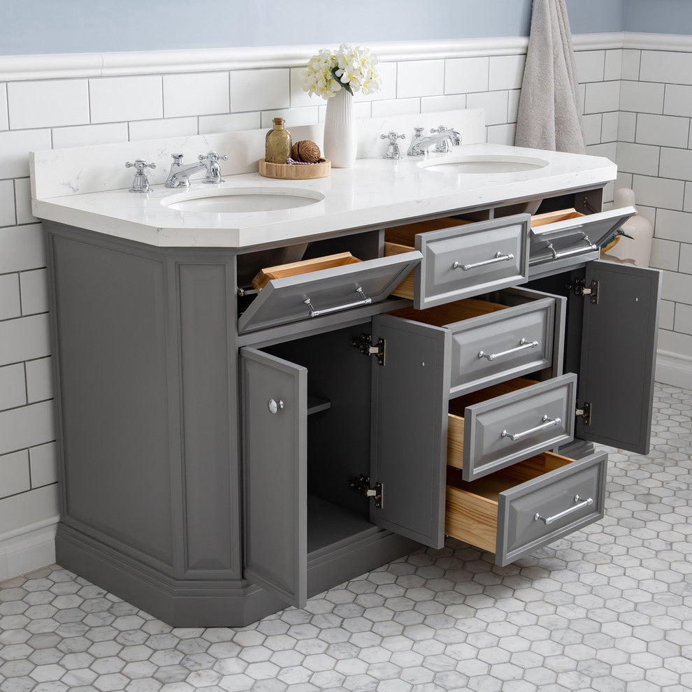 60" Palace Quartz Carrara Cashmere Gray Vanity With Hardware, Mirror