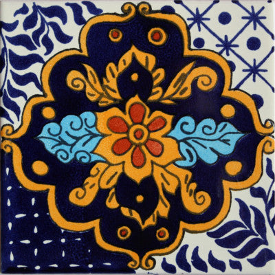 4-Piece Cajeme Talavera Mexican Tile, 6x6"