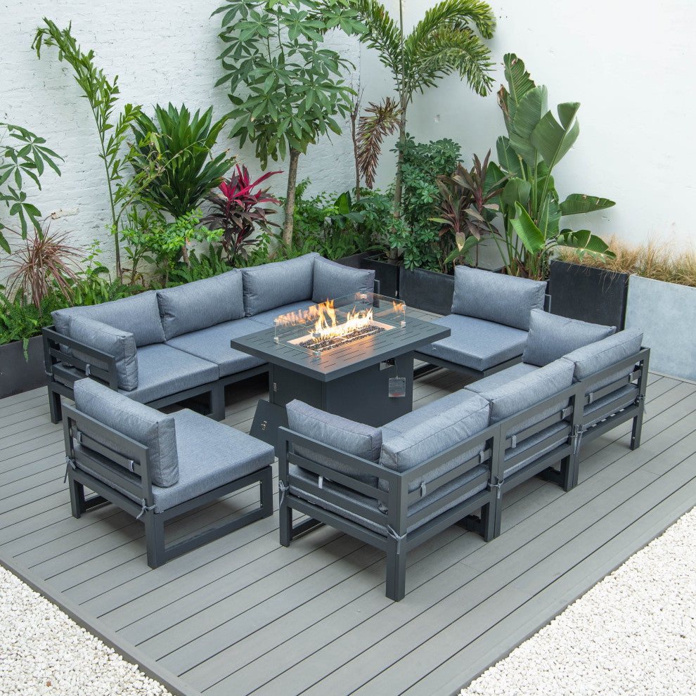 LeisureMod Chelsea 9-Piece Patio Sectional With Fire Pit Table, Blue